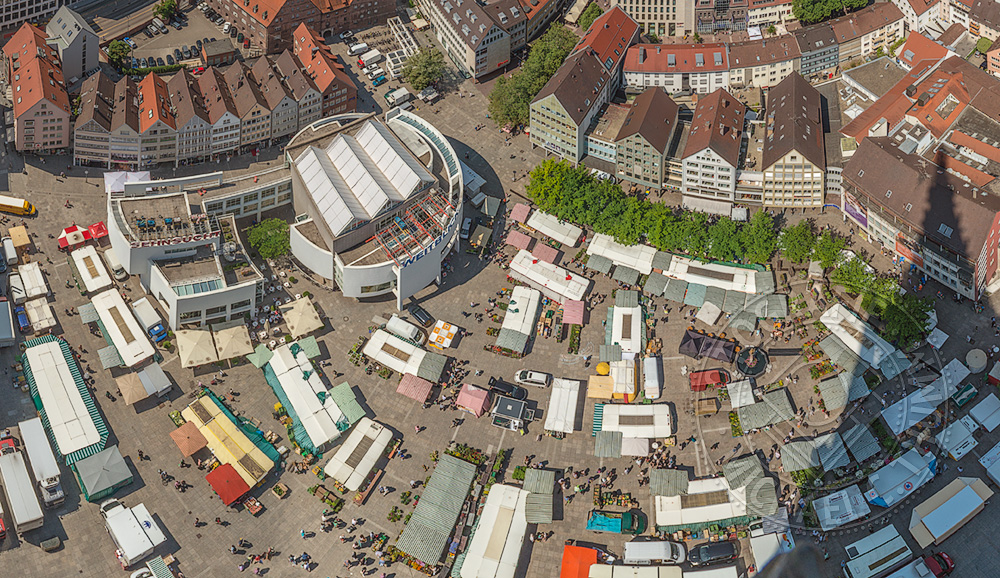 Ausschnitt Stadthaus und Markt: Panoramafotografie mit 360°-Blickwinkel vom Ulmer Münster