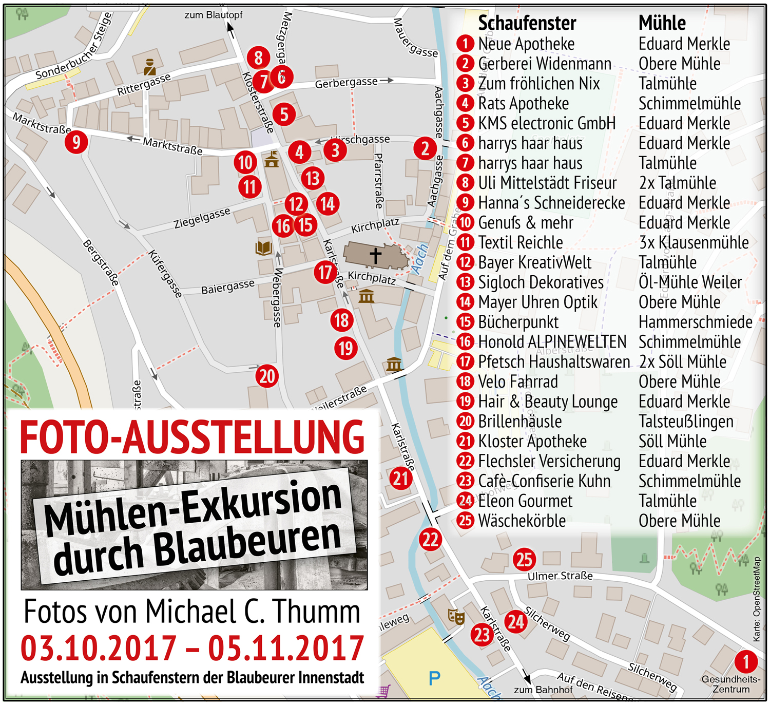 Übersichtsplan der 25 Ausstellungsorte, Fotoausstellung Mühlen-Exkursion durch Blaubeuren 2017